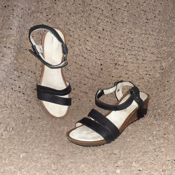 MERRELL-Revalli Aura Black Leather Strappy Cork Wedge Sandals-Sz 9-Near Mint - Picture 1 of 7